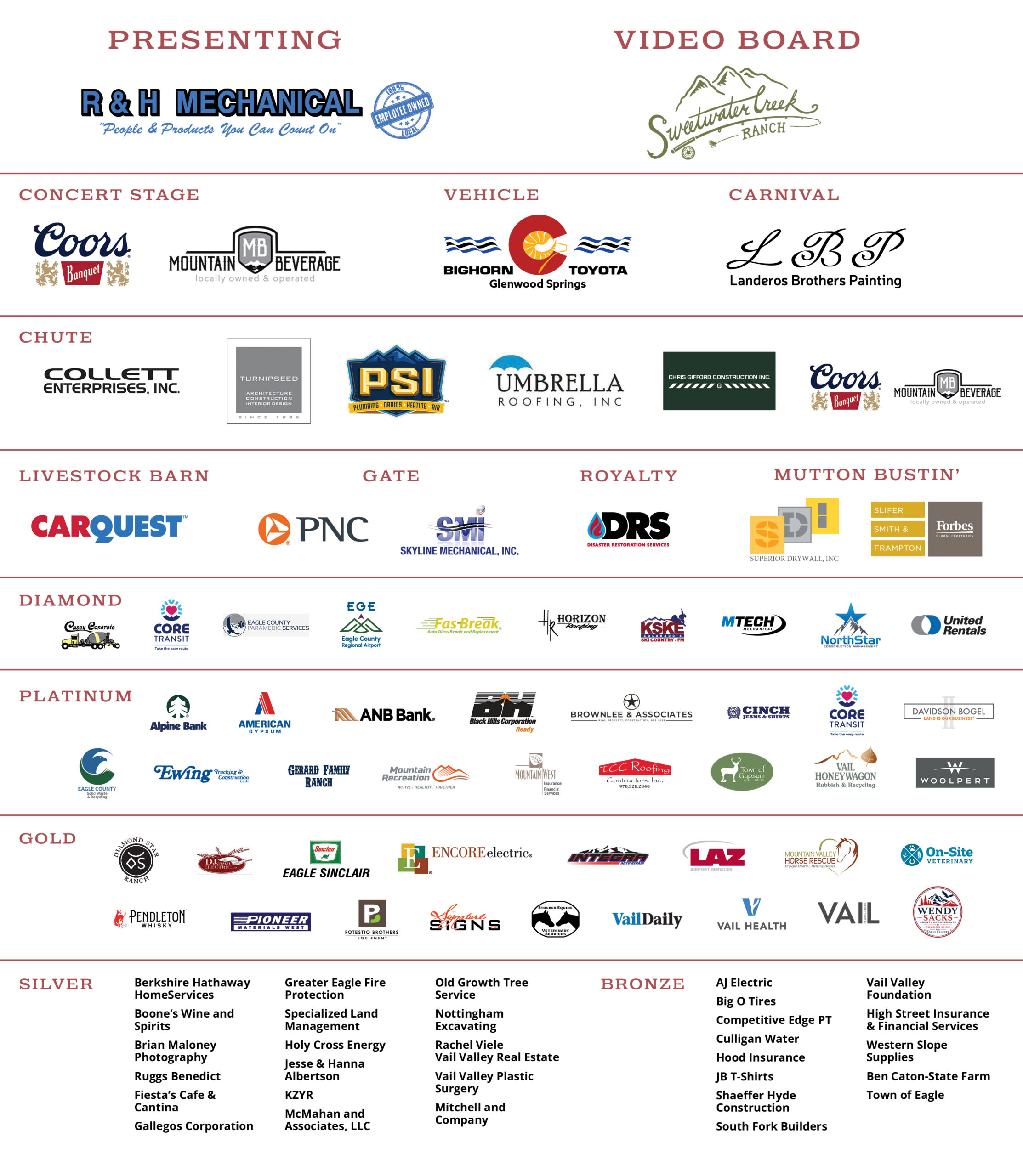 Tiered sponsor list for the Fair & Rodeo 2026